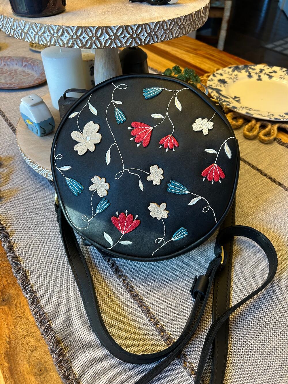 Portland Leather Limited Edition Wildflower Large Circle Black Crossbody Bag